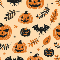 seamless background with cartoon halloween illustrations with pumpkins and bats in autumn composition, vector flat style