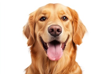 Golden Retriever dog - Canis lupus familiaris - great popular family domestic animal good with children isolated on white background tongue out while , ai