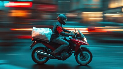 Obraz premium A delivery worker navigates through a bustling city street at night while carrying a package on a motorcycle