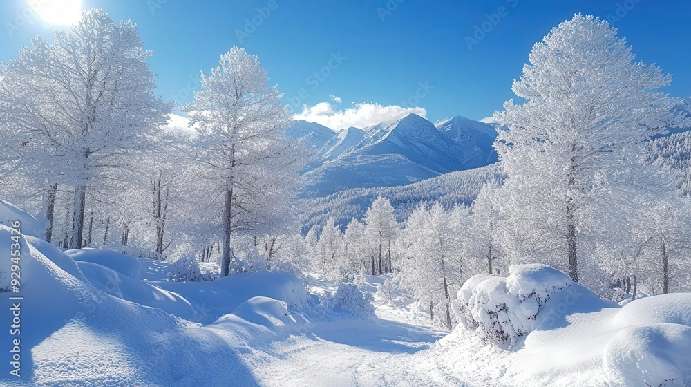 Wall mural serene winter landscape of snowcovered trees pristine white forest scene exuding tranquility and nat