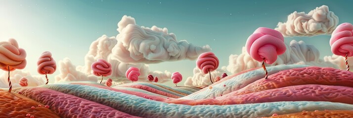 gentle hills and whimsical clouds made of multi-colored candy cotton rows and twisted peppermint trees