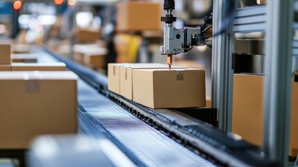 Close-up of automated machines packaging products in a high-speed production line