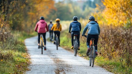 Obraz premium Group of friends riding bicycles along a scenic trail, enjoying a leisurely ride together