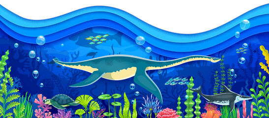 Prehistoric underwater dinosaurs vector banner with sea water wave paper cut border. Cartoon funny jurassic marine monster characters, prehistoric fish school, giant megalodon shark, archelon turtle