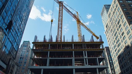 Large cranes lifting steel beams at a construction site, building a high-rise structure
