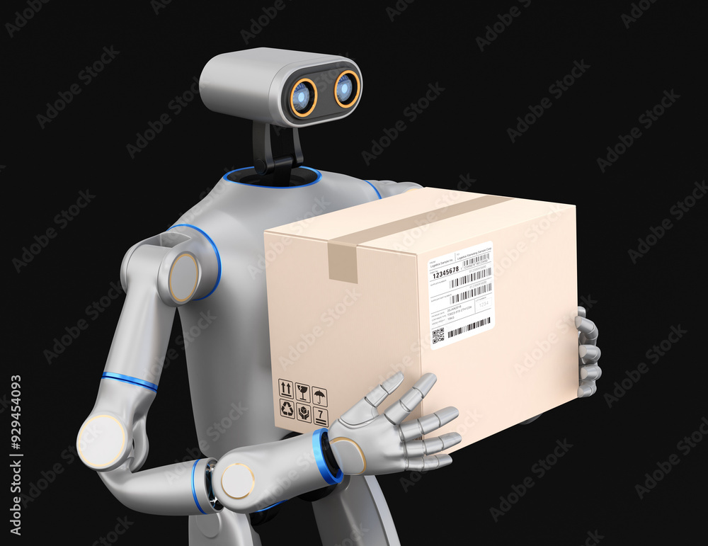 Aufkleber humanoid ai robot carrying cardboard box on black background. 3d rendering image.