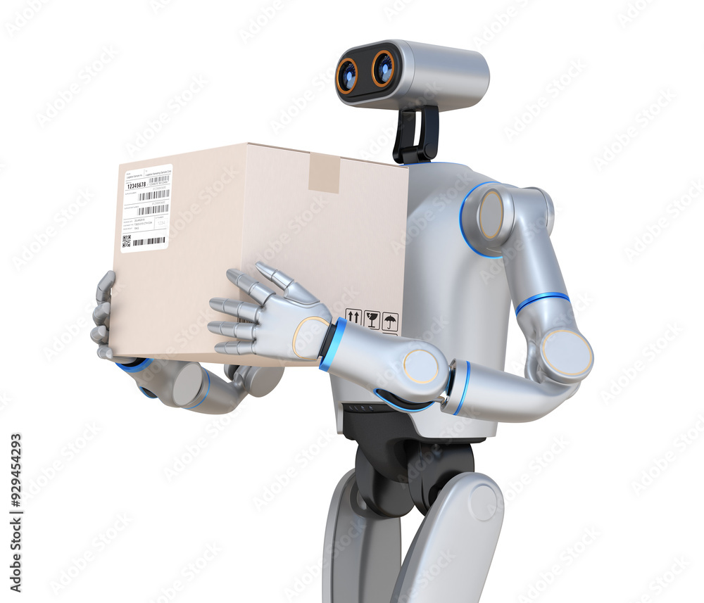 Aufkleber humanoid ai robot carrying cardboard box on white background. 3d rendering image.