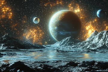 Space cosmic illustration with planets scene created with Generative AI