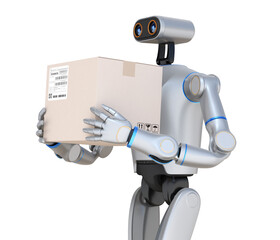 Humanoid AI Robot carrying cardboard box on white background. 3D rendering image.