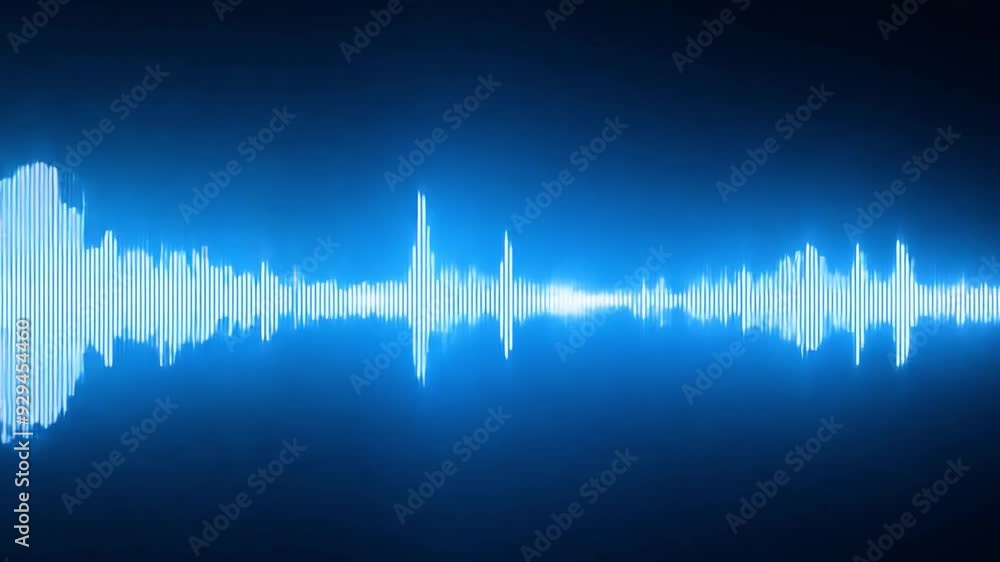 Poster A vibrant blue spectrum shows sound waves, highlighting various frequencies and amplitude variations in an engaging visual representation.