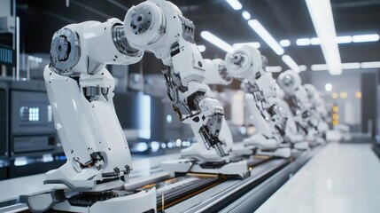 Fototapeta premium Robotic arms assembling products on a conveyor belt in a modern manufacturing plant