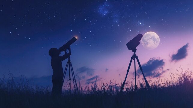 Person stargazing with a telescope at night, observing the stars and planets