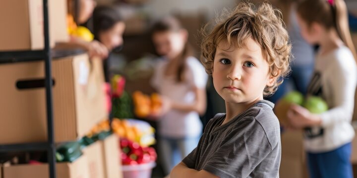 A child standing at a food bank