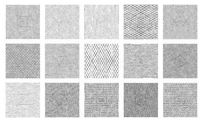 Line crosshatch patterns, cross hatch texture vector seamless backgrounds of vintage hand drawn black pen, ink or pencil hatching. Sketch patterns set of rough parallel fill lines geometric ornaments