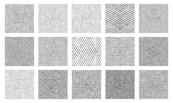 Line crosshatch patterns, cross hatch texture vector seamless backgrounds of vintage hand drawn black pen, ink or pencil hatching. Sketch patterns set of rough parallel fill lines geometric ornaments