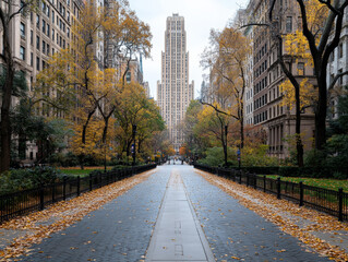 A city street with a large building in the background