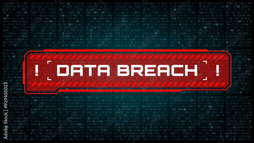 Aufkleber Data breach, cyber attack threat and hackers danger warning alert red banner, vector digital technologies and cyber network security. Data breach warning screen background with binary code numbers
