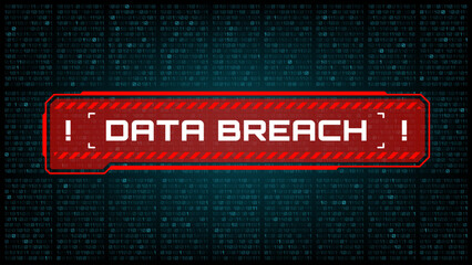 Data breach, cyber attack threat and hackers danger warning alert red banner, vector digital technologies and cyber network security. Data breach warning screen background with binary code numbers