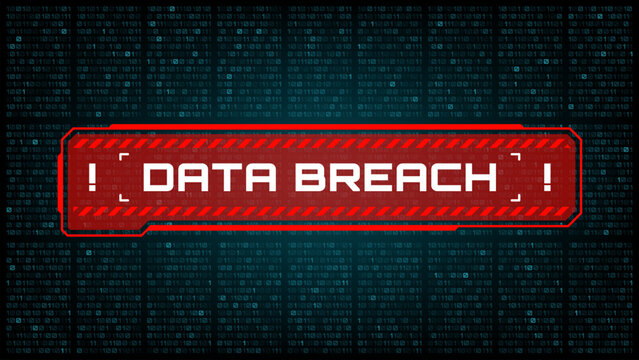 Data breach, cyber attack threat and hackers danger warning alert red banner, vector digital technologies and cyber network security. Data breach warning screen background with binary code numbers