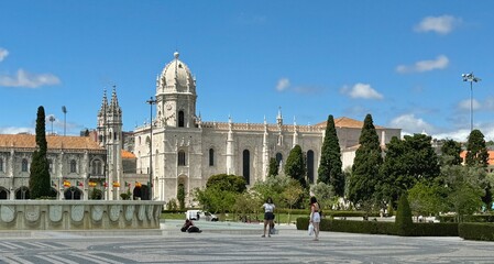 Fototapeta premium The Jerónimos Monastery is one of the most prominent examples of the late Portuguese Gothic Manueline style of architecture in Lisbon, Portugal