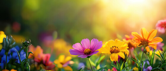 Obraz premium A field of flowers with a bright sun shining on them
