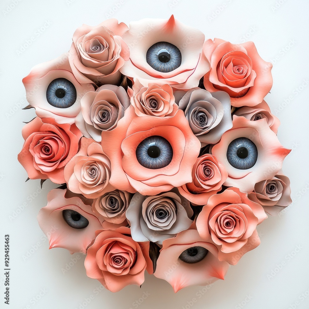 Sticker a bouquet of roses with blue eyes and pink petals, ai