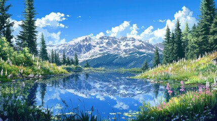 Anime mountain lake reflecting the clear blue sky, surrounded by tall evergreens and wildflowers