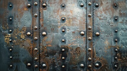 Fototapeta premium Close-up of a metal door featuring prominent rivets, great for industrial or mechanical themes