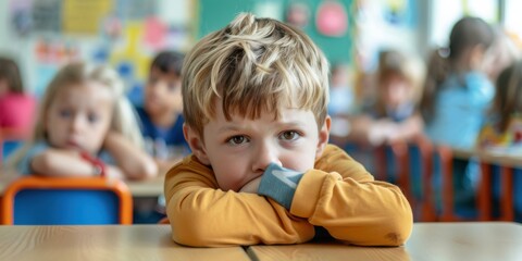 A child feeling isolated in a busy classroom, with a look of confusion