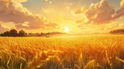 Obraz premium Anime peaceful countryside with golden wheat fields swaying in the wind, under a warm afternoon sun