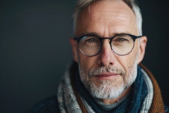 A close-up photo of a man wearing glasses and a scarf, great for personal use or as a stock image