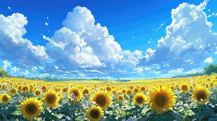 Obraz premium Anime sunflower field stretching to the horizon, with a bright blue sky and fluffy white clouds overhead