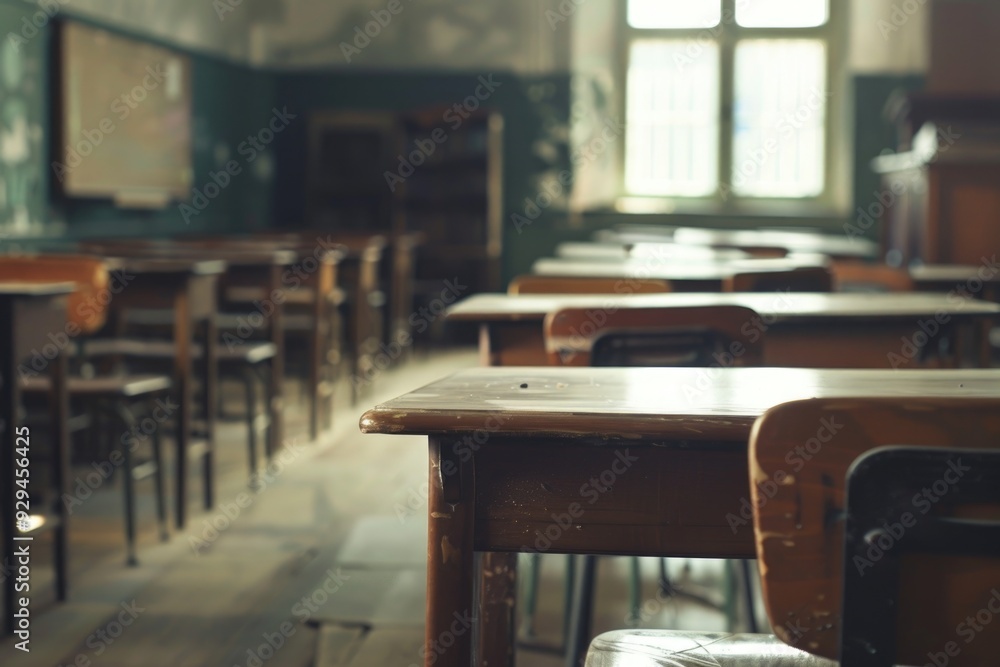 Poster a simple classroom setting with wooden desks and chairs