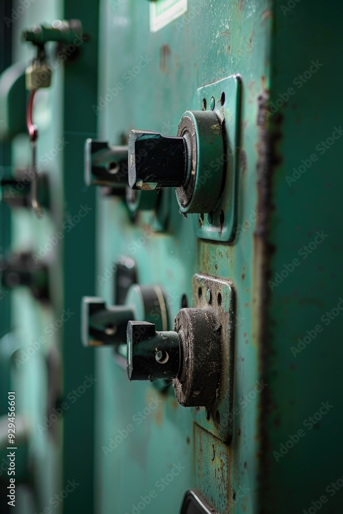 Poster a close-up shot of a green metal door, perfect for use in architecture or design projects