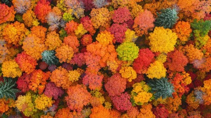 Aerial view of a dense forest in autumn, with trees in vibrant shades of red, orange, and yellow