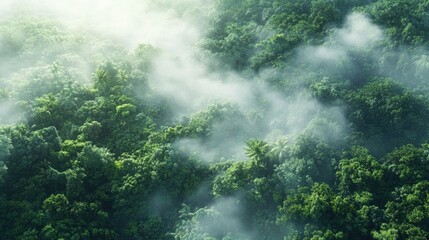 Aerial view of a dense rainforest, with mist rising and the canopy stretching out endlessly