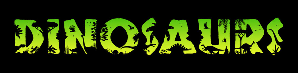 Dinosaurs in jungle rainforest sunset silhouette of prehistoric lizards, vector Jurassic park background. Dinosaurs with forest trees in cut letters silhouette, prehistoric lizard reptiles and birds © Vector Tradition