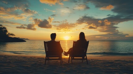 Obraz premium Couple on Loungers at Sunset, Viewed from the Back
