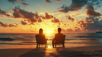 Back View of a Couple on Loungers at Sunset