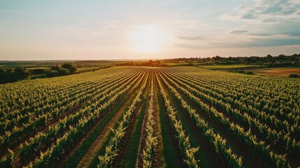 Aerial view of a sprawling vineyard, with rows of grapevines stretching out to the horizon under a bright sky