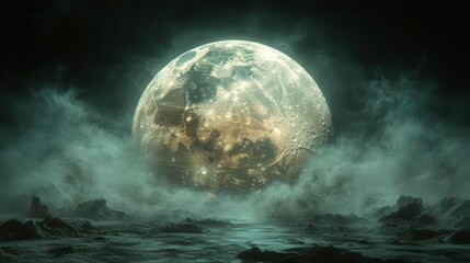 surreal lunar landscape gigantic moon dominating horizon ethereal bioluminescent flora alien terrain dreamy bokeh effect otherworldly atmosphere