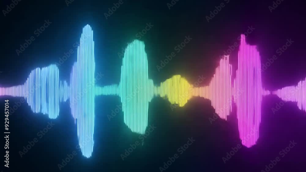 Poster The visual displays a colorful sound wave, showcasing various frequencies represented by distinct shades and shapes against a dark background.