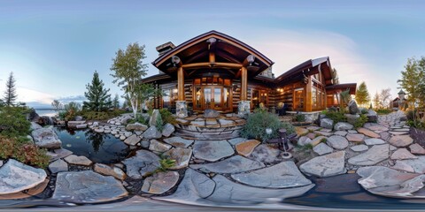 Obraz premium Log Cabin with Patio and Pond