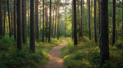 Fototapeta premium Dense pine forest with a narrow path winding through the trees, leading to a hidden clearing