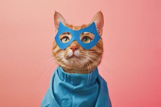 A domestic cat wears a blue mask and matching scarf, perfect for pet photography or feline-themed designs