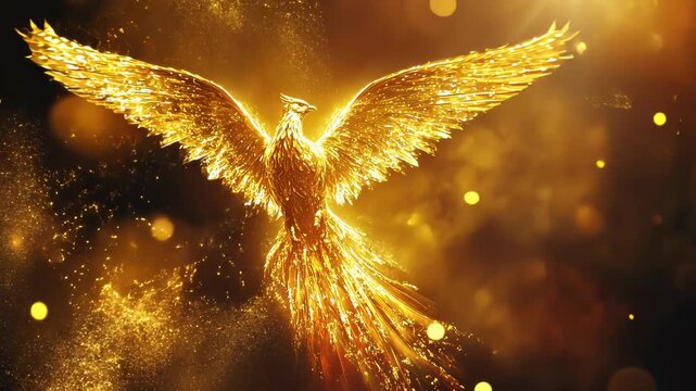 Majestic phoenix emerges from swirling golden flames. Wings spread wide, the mythical bird radiates power and rebirth amidst a shower of glowing embers and magical particles.	