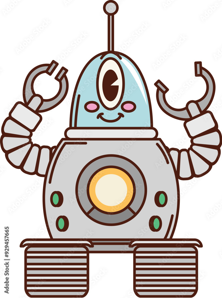 Poster cartoon robot retro groovy character or alien space robotic bot on wheels, vector android machine. g