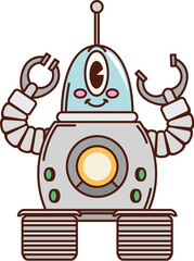 Cartoon robot retro groovy character or alien space robotic bot on wheels, vector android machine. Groovy retro cartoon robot of funky cyborg droid on wheels with funny cute smile and mechanical arms