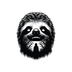silhouette of Sloth, filled with vintage horror movie poster in rough drawing,