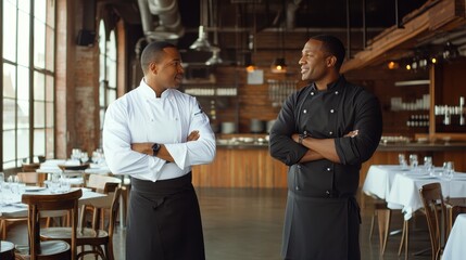 Two chefs discuss potential collaboration in a vibrant restaurant atmosphere